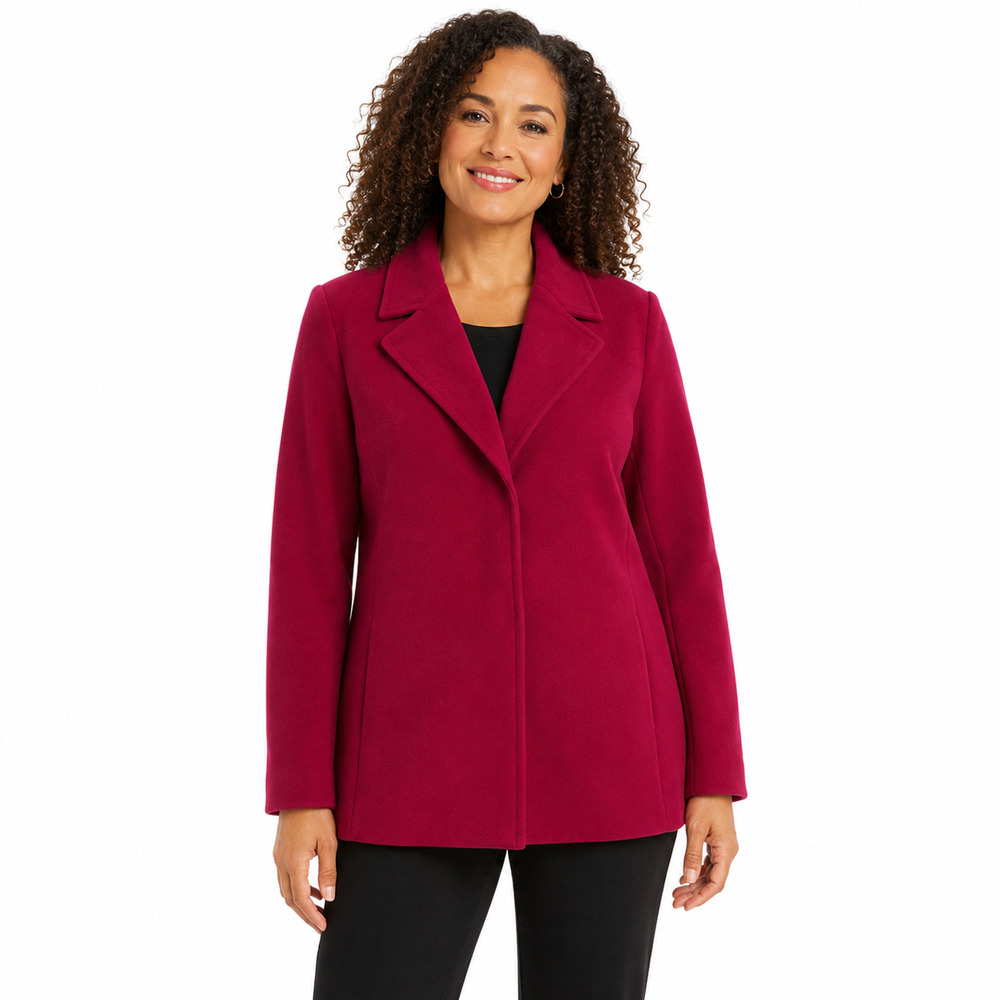 Chicos Cherry Red Fleece Suit Jacket Blazer Stretch Snap Close sz 1 / Medium